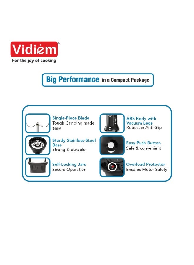 فيديم Vidiem Vita Spice 500 W Personal Blender/Mixer/Grinder/Smoothie Maker | 22000 RPM Aria CoolTec Motor | 3 Jars (500 ml + 250 ml jar & 300 ml SS Chutney Jar) | 3 Year Motor Warranty | Beyond Blending - Image 3